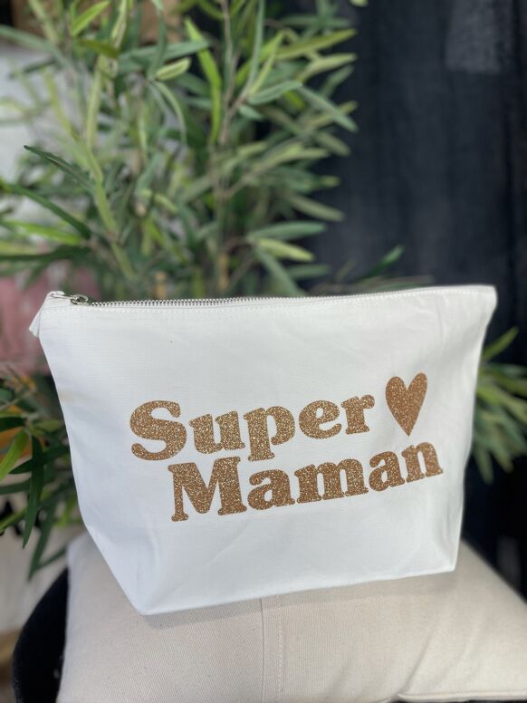 Trousse de toilette XL Ecru et doré "Super Maman"