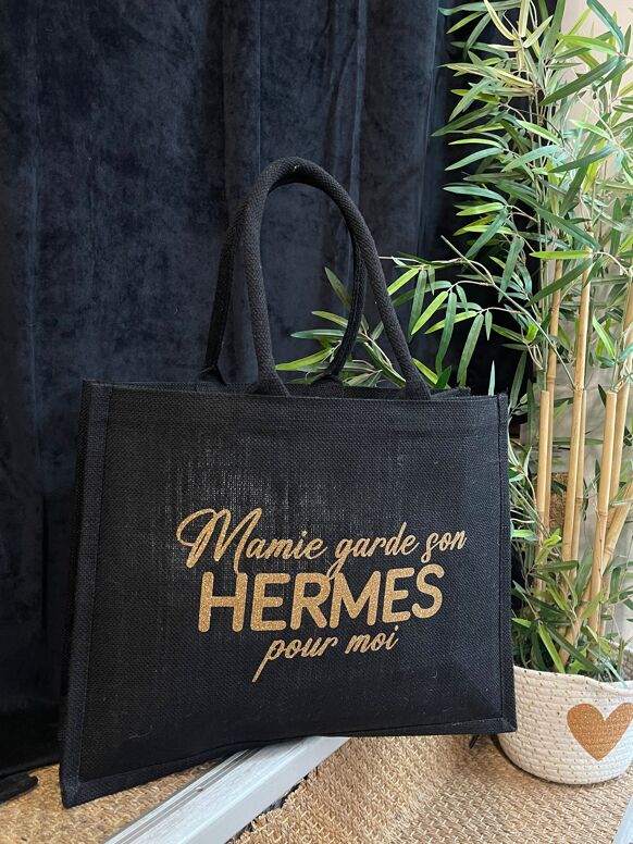 Grand cabas jute noir "Mamie garde son Hermes pour moi"