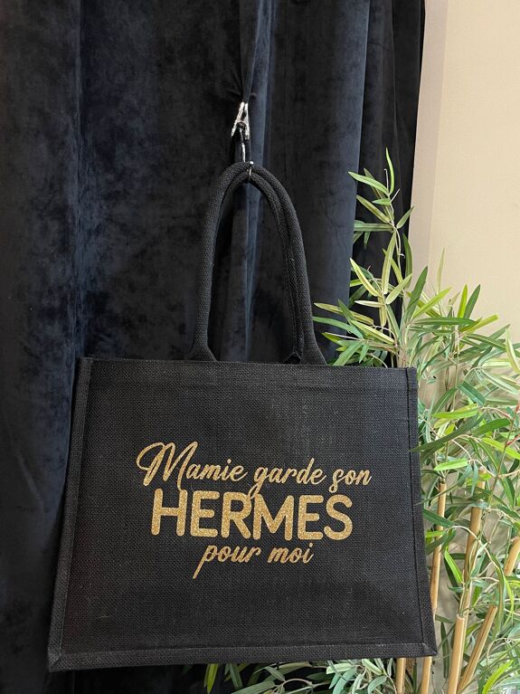 Grand cabas jute noir "Mamie garde son Hermes pour moi"