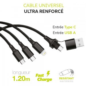 Câble de charge 3 en 1 avec entrée USB et Type C
